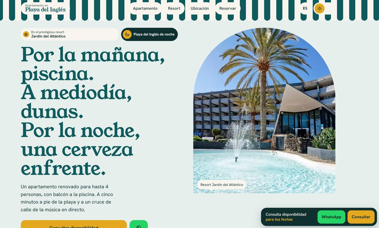 Portada de la web Apartamento en Playa del Inglés: titular «Por la mañana, piscina» junto a la piscina del resort Jardín del Atlántico